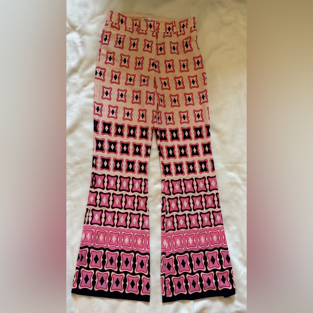Zara Pink Black Geometric Funky Retro Wide Leg Trouser Pants Medium